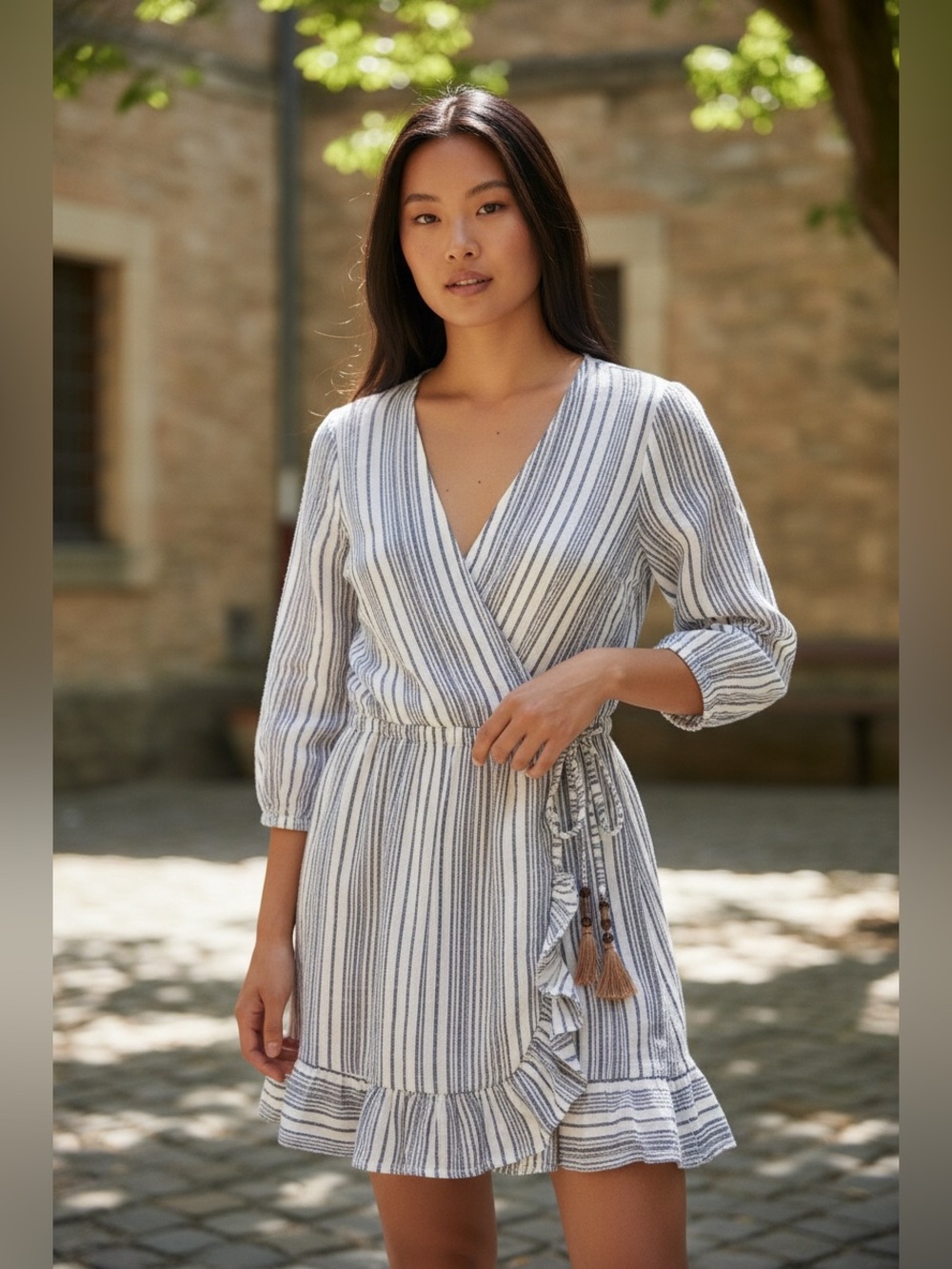Blue Island Blue White Striped Ruffle Wrap Mini Dress Size M Boho
